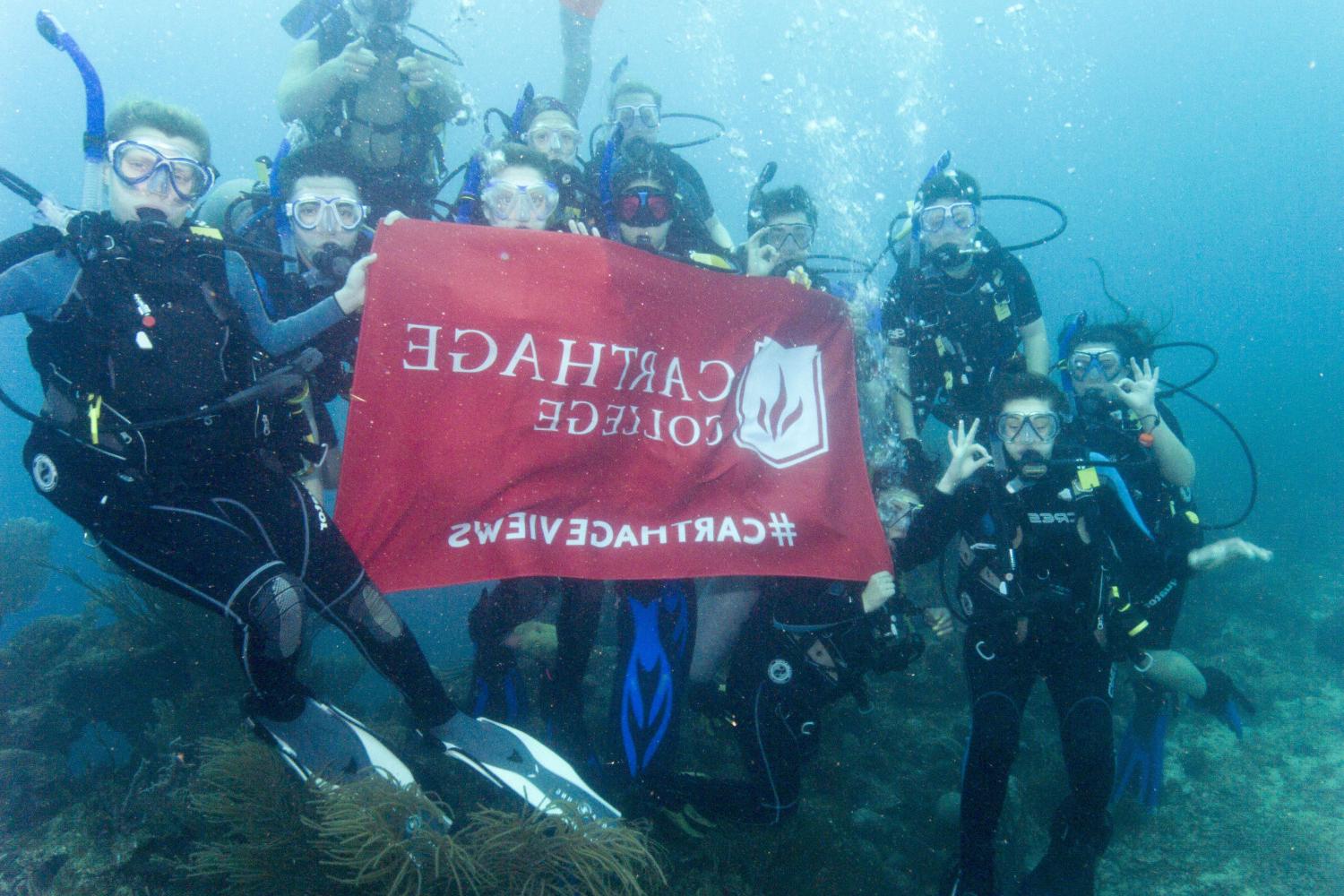学生们手持<a href='http://hwod.3600151.com'>bv伟德ios下载</a>旗帜，在j学期洪都拉斯游学之旅中潜水.
